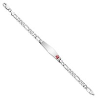 14K White Gold Medical Solid Chain Solid Plate Soft Diamond Shape 38x 9mm Off-Center Red Enamel Figaro Link ID Bracelet, 8" view 2