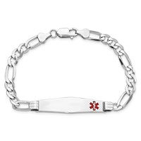14K White Gold Medical Solid Chain Solid Plate Soft Diamond Shape 38x 9mm Off-Center Red Enamel Figaro Link ID Bracelet, 8" view 4