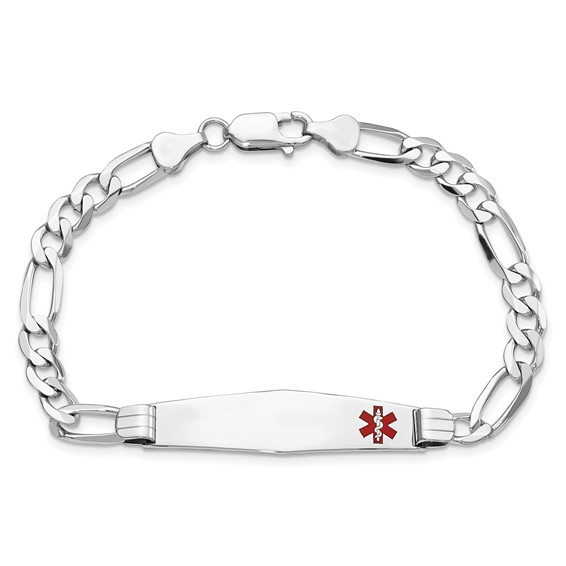 14K White Gold Medical Solid Chain/Solid Plate Soft Diamond Shape 38x9mm Off-Center Red Enamel Figaro Link 8 inch ID Bracelet