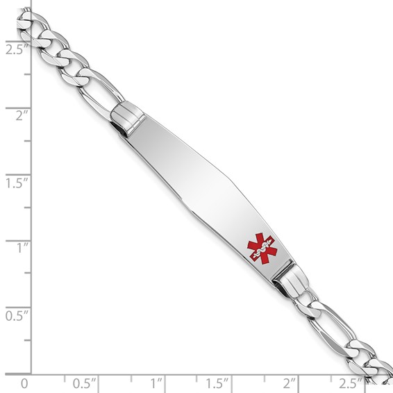14K White Gold Medical Solid Chain/Solid Plate Soft Diamond Shape 38x9mm Off-Center Red Enamel Figaro Link 8 inch ID Bracelet