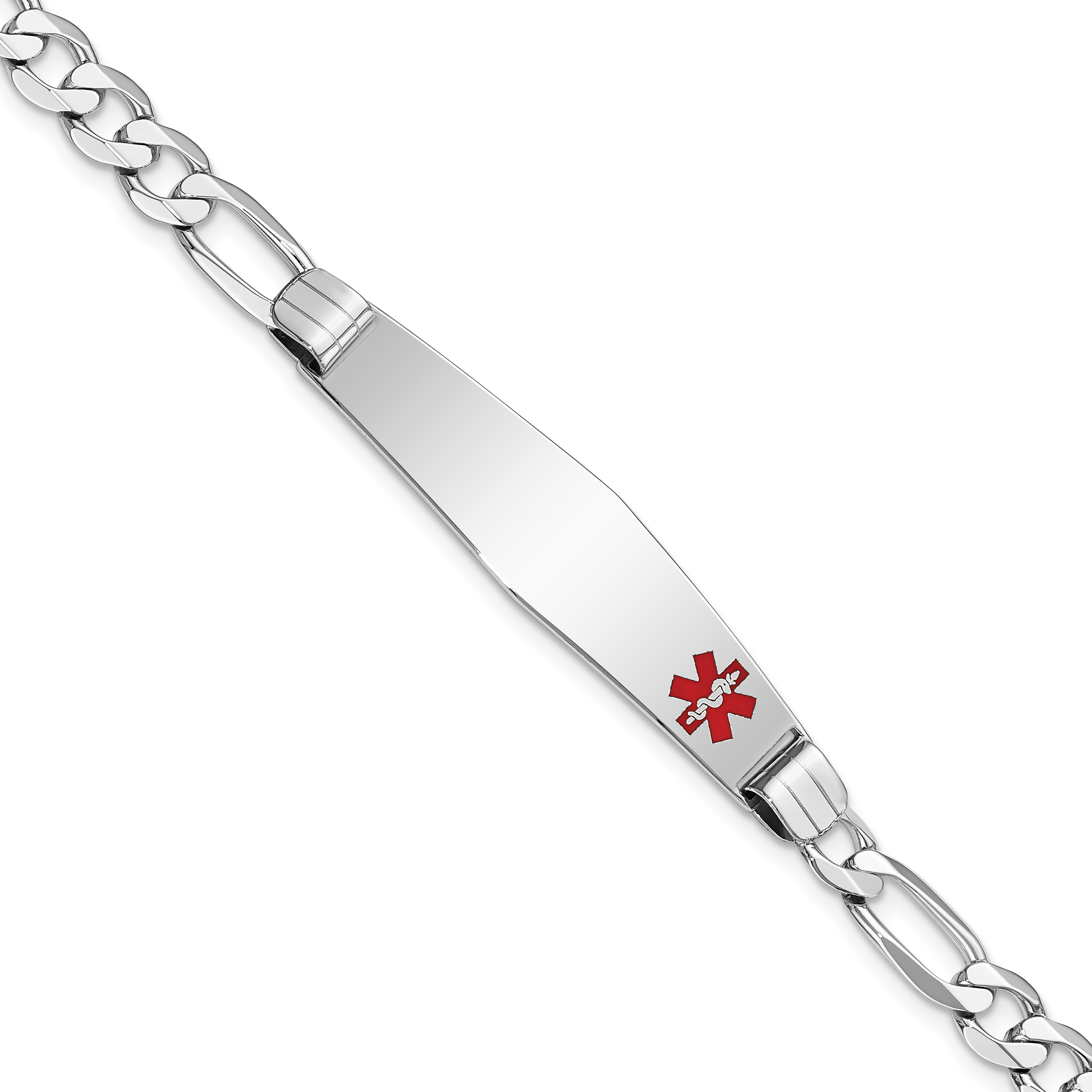 14K White Gold Medical Solid Chain/Solid Plate Soft Diamond Shape 38x9mm Off-Center Red Enamel Figaro Link 8 inch ID Bracelet (XM594FCW-8)