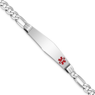 14K White Gold Medical Solid Chain/Solid Plate Soft Diamond Shape 38x9mm Off-Center Red Enamel Figaro Link 8 inch ID Bracelet