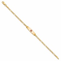 14K Yellow Gold Medical Solid Chain Solid Plate 20x 5mm Soft Diamond Shape Centered Red Enamel Figaro Link ID Bracelet, 6" view 2