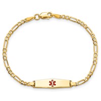 14K Yellow Gold Medical Solid Chain Solid Plate 20x 5mm Soft Diamond Shape Centered Red Enamel Figaro Link ID Bracelet, 6" view 4