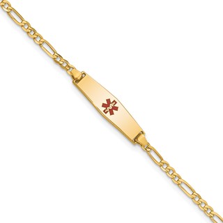 14k Medical Solid Chain/Solid Plate 20x5mm Soft Diamond Shape Centered Red Enamel Figaro Link 6 inch Baby/Child ID Bracelet