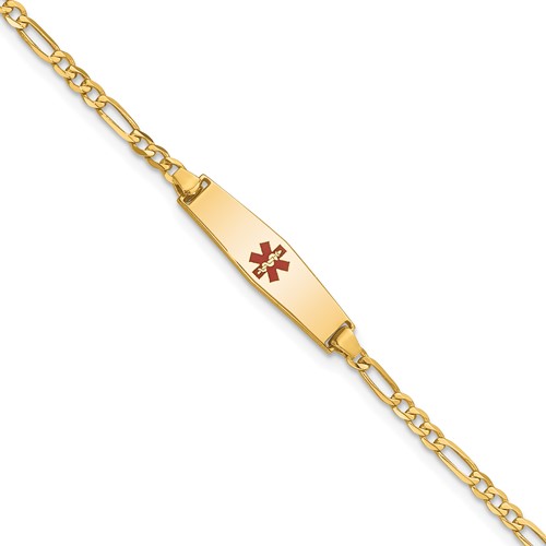 14K Yellow Gold Medical Solid Chain Solid Plate 20x 5mm Soft Diamond Shape Centered Red Enamel Figaro Link ID Bracelet, 6"