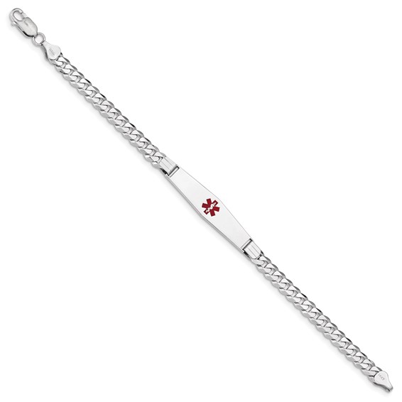 14K WG Medical Soft Diamond Shape Red Enamel Flat Curb Link ID Bracelet