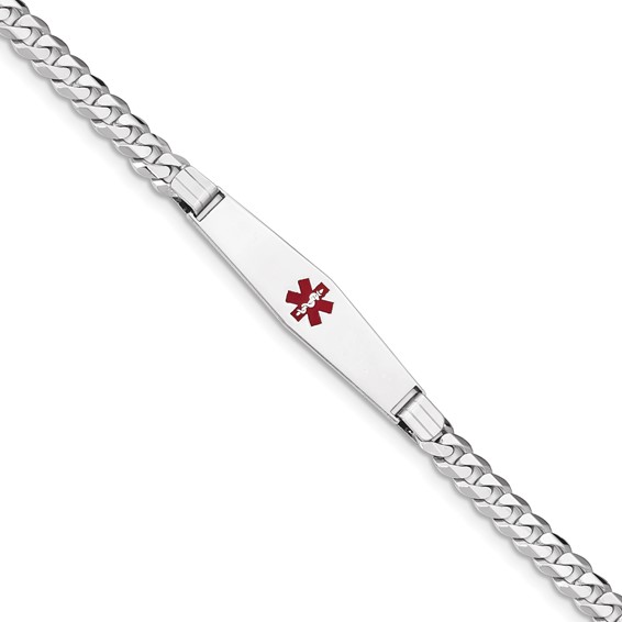 14K WG Medical Soft Diamond Shape Red Enamel Flat Curb Link ID Bracelet