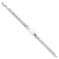 14K White Gold Medical Solid Chain Solid Plate Soft Diamond Shape 38x 9mm Off-Center Red Enamel Flat Curb Link ID Bracelet, 8" view 2