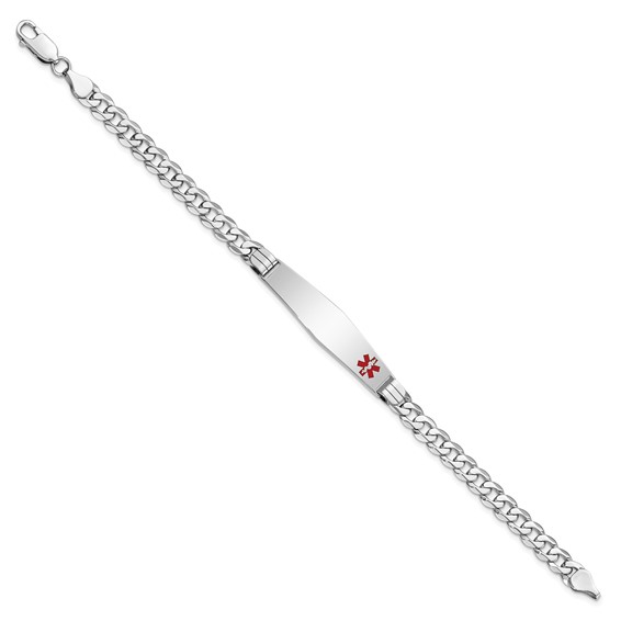 14K White Gold Medical Solid Chain/Solid Plate Soft Diamond Shape 38x9mm Off-Center Red Enamel Flat Curb Link 8 inch ID Bracelet