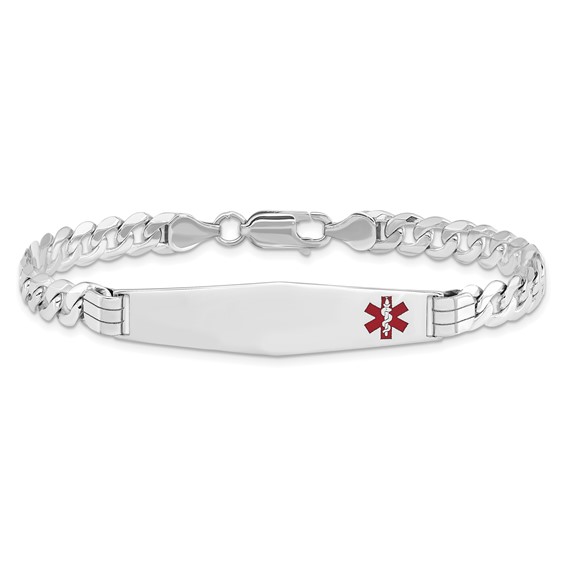 14K White Gold Medical Solid Chain/Solid Plate Soft Diamond Shape 38x9mm Off-Center Red Enamel Flat Curb Link 8 inch ID Bracelet