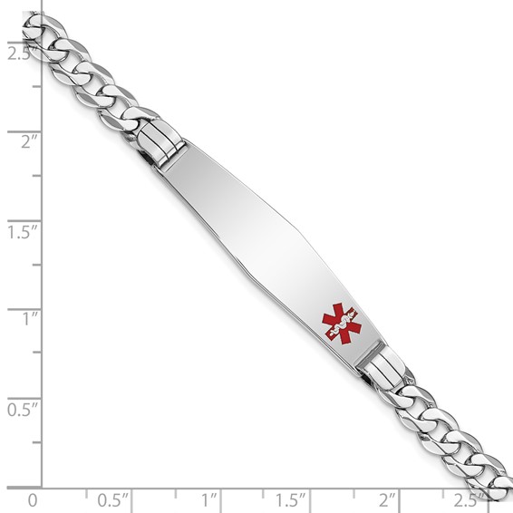 14K White Gold Medical Solid Chain/Solid Plate Soft Diamond Shape 38x9mm Off-Center Red Enamel Flat Curb Link 8 inch ID Bracelet