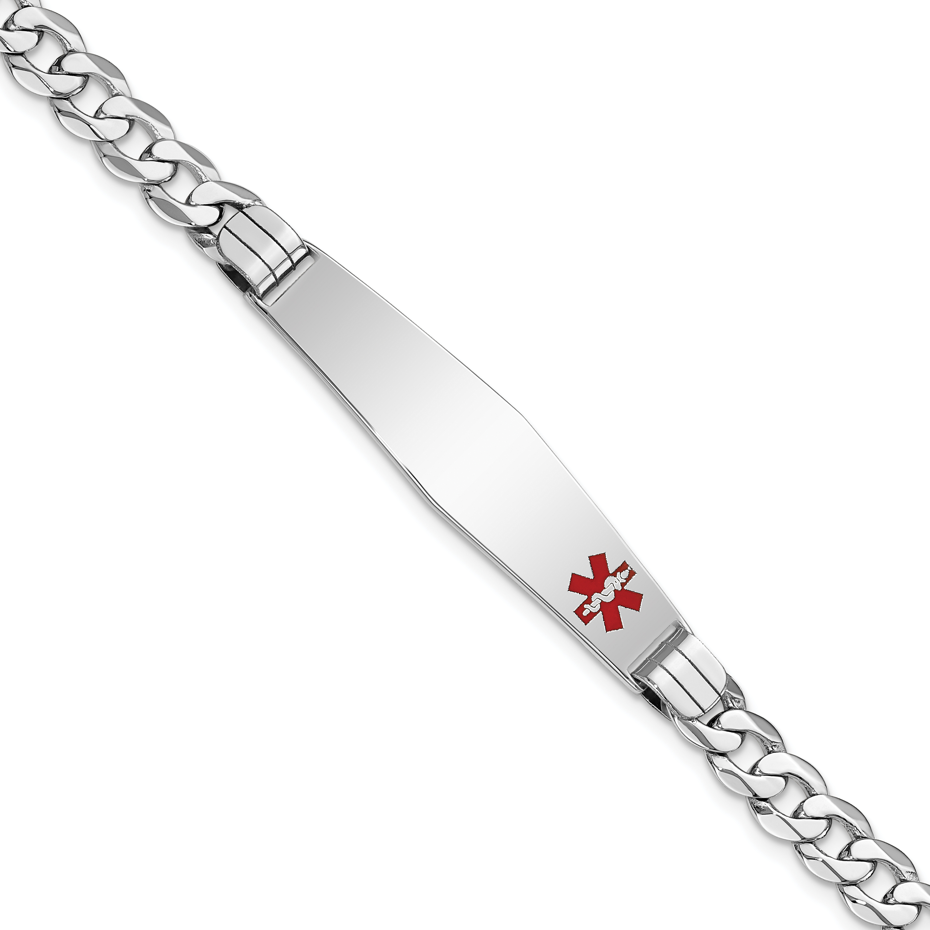 14K White Gold Medical Solid Chain/Solid Plate Soft Diamond Shape 38x9mm Off-Center Red Enamel Flat Curb Link 8 inch ID Bracelet (XM595FCW-8)