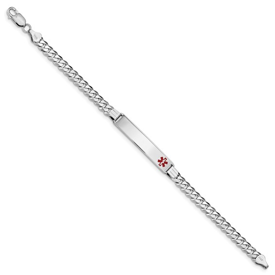 14K White Gold Medical Red Enamel Flat Curb Link ID Bracelet
