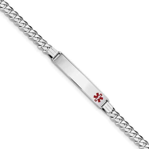 14K White Gold Medical Red Enamel Flat Curb Link ID Bracelet