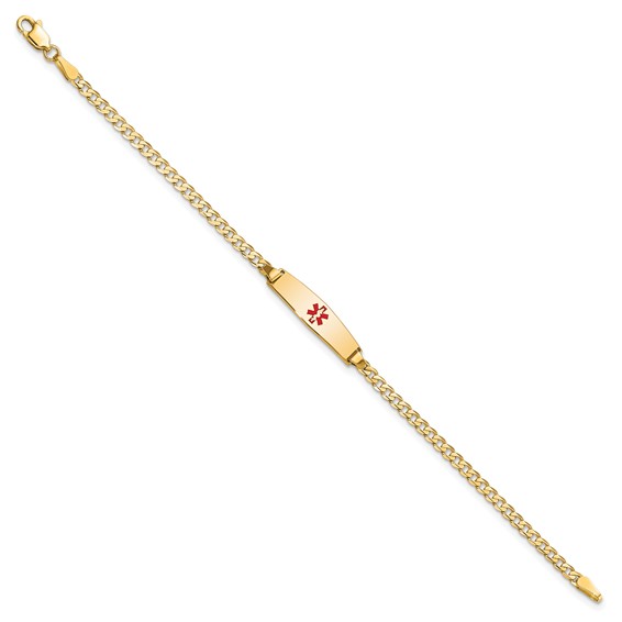 14k Medical Solid Chain/Solid Plate 20x5mm Soft Diamond Shape Centered Red Enamel Curb Link 8 inch ID Bracelet