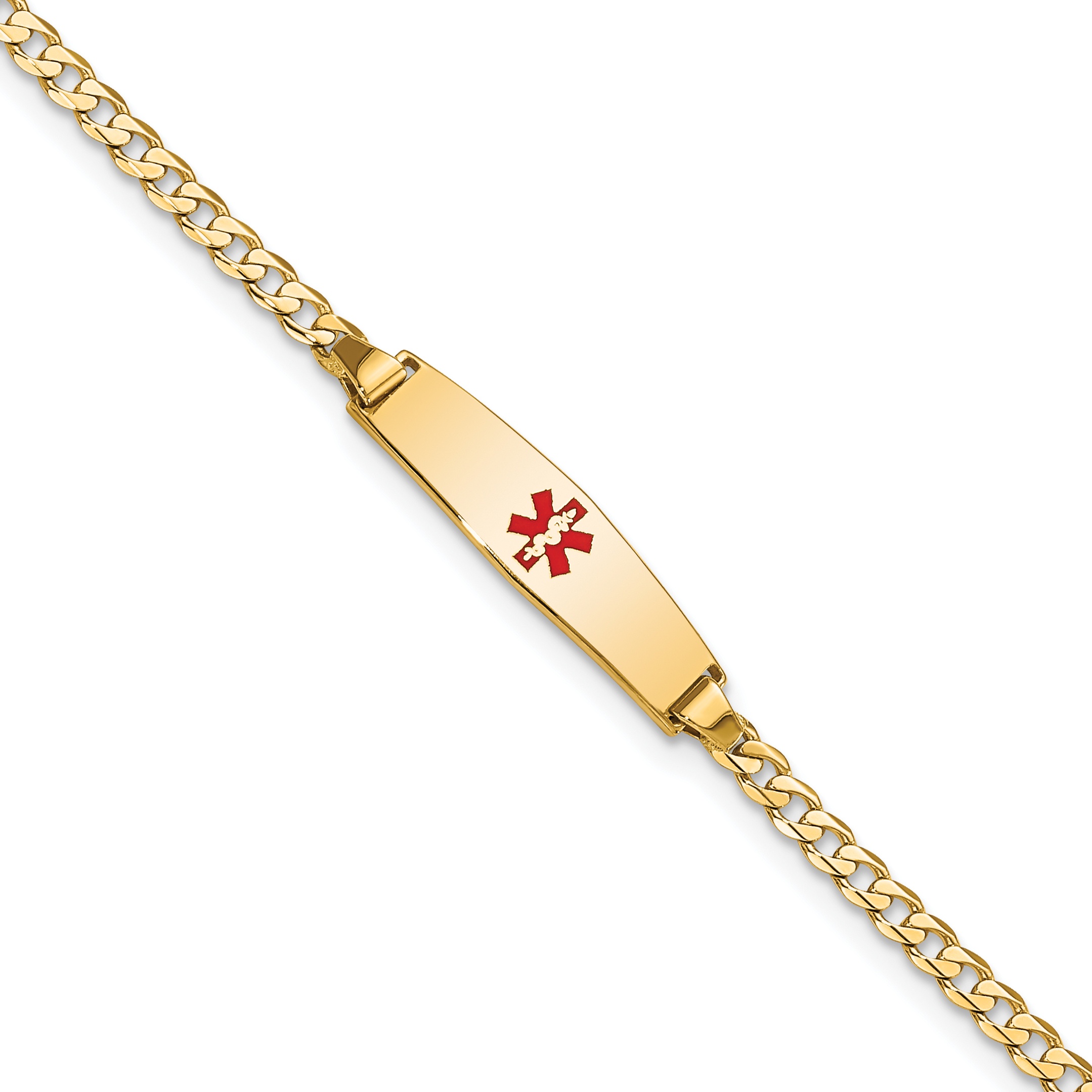 14k Medical Solid Chain/Solid Plate 20x5mm Soft Diamond Shape Centered Red Enamel Curb Link 6 inch Baby/Child ID Bracelet (XM596CC-6)