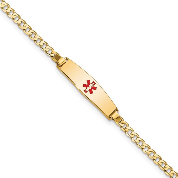 14k Medical Solid Chain/Solid Plate 20x5mm Soft Diamond Shape Centered Red Enamel Curb Link 8 inch ID Bracelet
