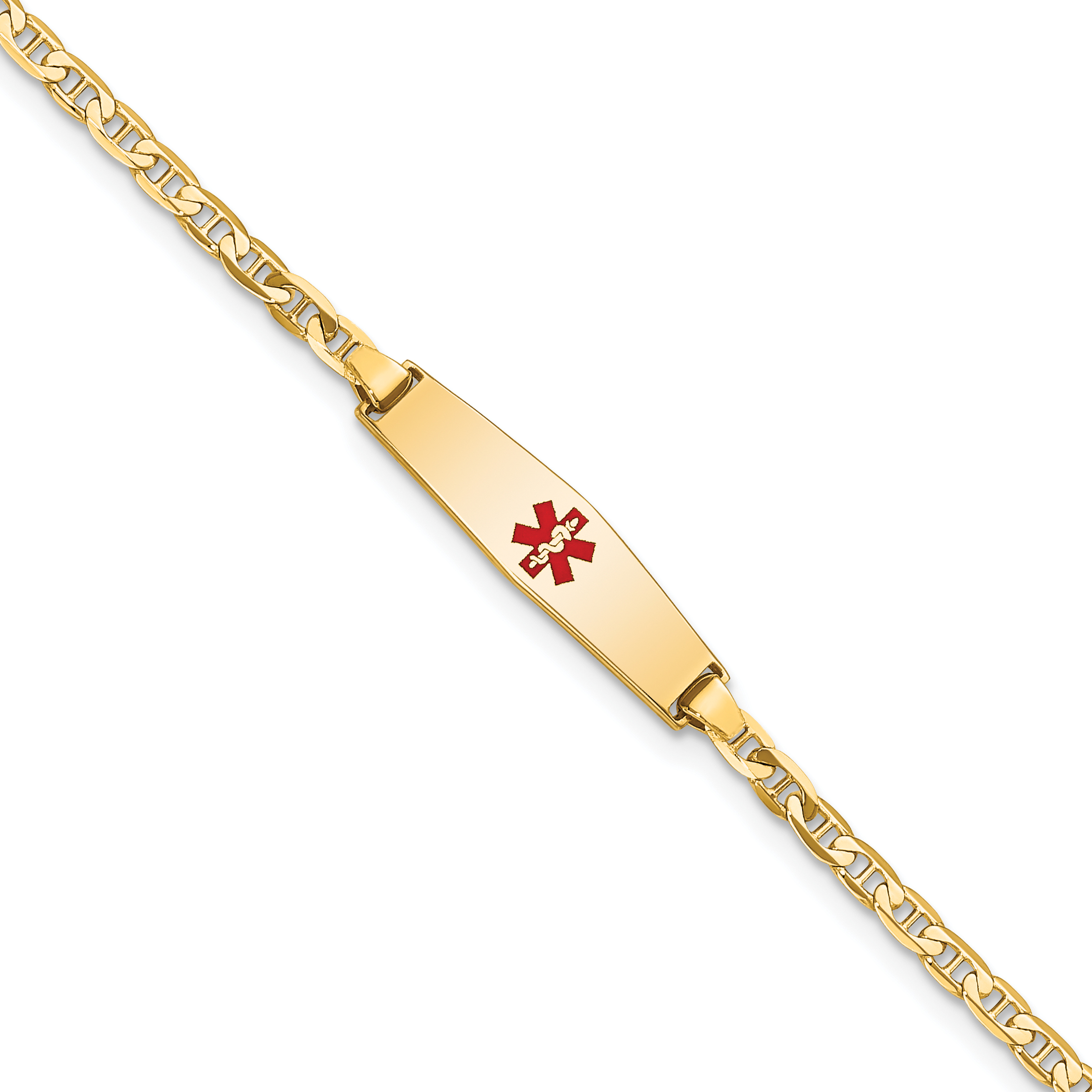 14k Medical Solid Chain/Solid Plate 20x5mm Soft Diamond Shape Centered Red Enamel Flat Anchor Link 7 inch ID Bracelet (XM597CC-7)