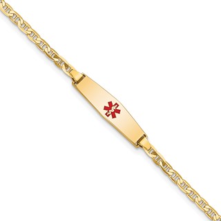 14k Medical Solid Chain/Solid Plate 20x5mm Soft Diamond Shape Centered Red Enamel Flat Anchor Link 6 inch Baby/Child ID Bracelet