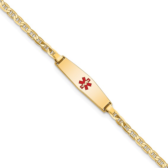 14k Medical Solid Chain/Solid Plate 20x5mm Soft Diamond Shape Centered Red Enamel Flat Anchor Link 6 inch Baby/Child ID Bracelet