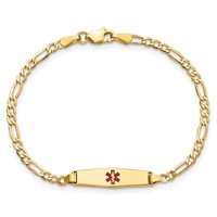 14K Yellow Gold Medical Semi-Solid Chain Solid Plate 20x5mm Soft Diamond Shape Centered Red Enamel Figaro Link ID Bracelet - 6in view 4