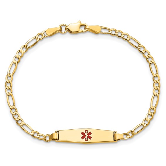 14k Medical Semi-Solid Chain/Solid Plate 20x5mm Soft Diamond Shape Centered Red Enamel Figaro Link 6 inch Baby/Child ID Bracelet