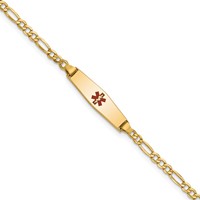 14K Yellow Gold Medical Semi-Solid Chain Solid Plate 20x5mm Soft Diamond Shape Centered Red Enamel Figaro Link ID Bracelet - 6in view 1
