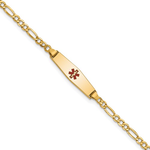 14k Medical Semi-Solid Chain/Solid Plate 20x5mm Soft Diamond Shape Centered Red Enamel Figaro Link 7 inch ID Bracelet