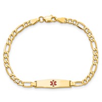 14K Yellow Gold Medical Semi-Solid Chain Solid Plate 20x 5mm Soft Diamond Shape Centered Red Enamel Figaro Link ID Bracelet, 6" view 4