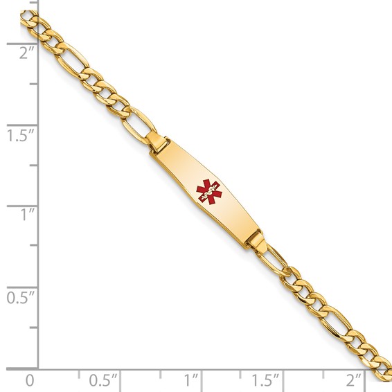 14k Medical Semi-Solid Chain/Solid Plate 20x5mm Soft Diamond Shape Centered Red Enamel Figaro Link 6 inch Baby/Child ID Bracelet