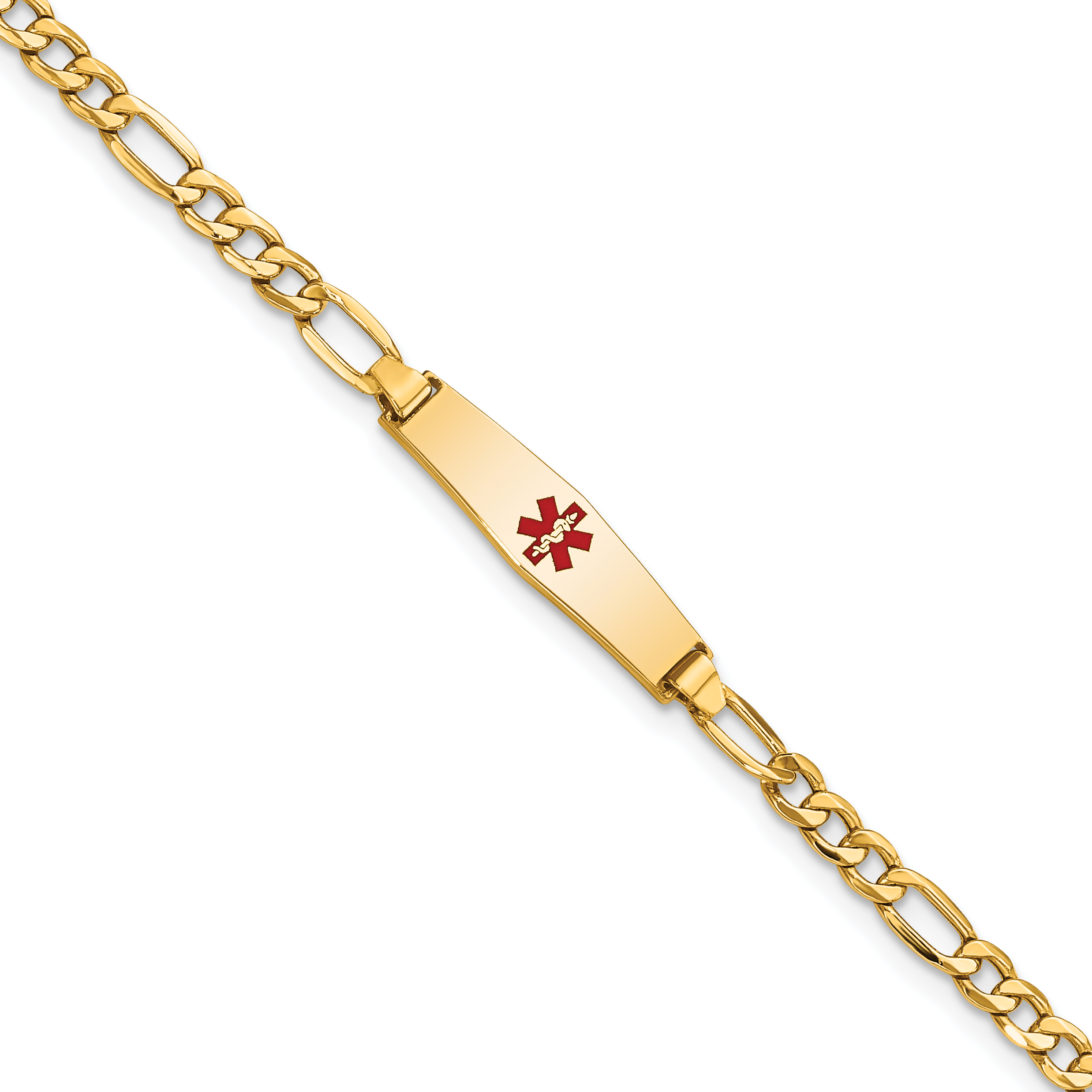 14k Medical Semi-Solid Chain/Solid Plate 20x5mm Soft Diamond Shape Centered Red Enamel Figaro Link 6 inch Baby/Child ID Bracelet (XM599CC-6)
