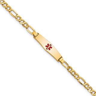 14k Medical Semi-Solid Chain/Solid Plate 20x5mm Soft Diamond Shape Centered Red Enamel Figaro Link 6 inch Baby/Child ID Bracelet