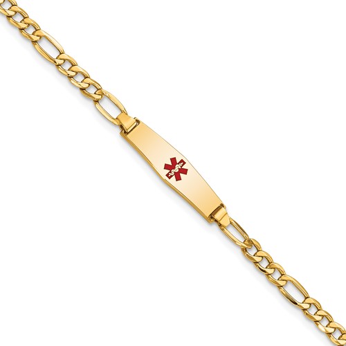 14K Yellow Gold Medical Semi-Solid Chain Solid Plate 20x 5mm Soft Diamond Shape Centered Red Enamel Figaro Link ID Bracelet, 6"
