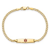 14K Medical Semi-Solid Chain Solid Plate 20x5mm Soft Diamond Shape Centered Red Enamel Cuban Link 6 Inch ID Bracelet view 4