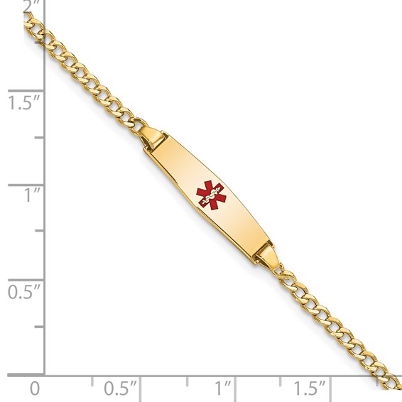 14k Medical Semi-Solid Chain/Solid Plate 20x5mm Soft Diamond Shape Centered Red Enamel Cuban Link 6 inch Baby/Child ID Bracelet