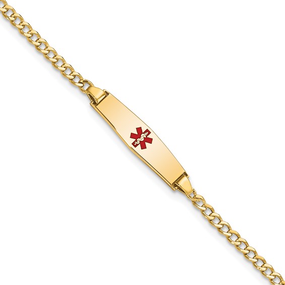 14k Medical Semi-Solid Chain/Solid Plate 20x5mm Soft Diamond Shape Centered Red Enamel Cuban Link 6 inch Baby/Child ID Bracelet
