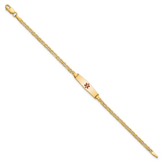 14k Medical Semi-Solid Chain/Solid Plate 20x5mm Soft Diamond Shape Centered Red Enamel Anchor Link 7 inch ID Bracelet