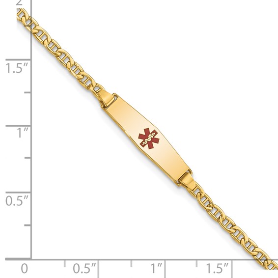 14k Medical Semi-Solid Chain/Solid Plate 20x5mm Soft Diamond Shape Centered Red Enamel Anchor Link 7 inch ID Bracelet