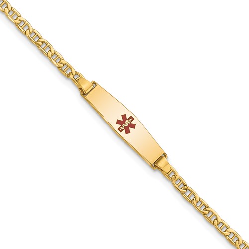14K Yellow Gold Medical Semi-Solid Chain Solid Plate 20x 5mm Soft Diamond Shape Centered Red Enamel Anchor Link ID Bracelet, 6"