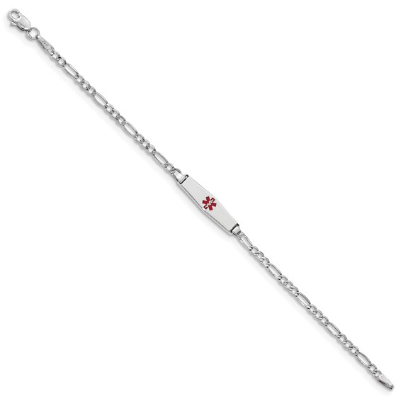 14k White Gold Medical Semi-Solid Chain/Solid Plate 20x5mm Soft Diamond Shape Centered Red Enamel Figaro Link 6 inch Baby/Child ID Bracelet