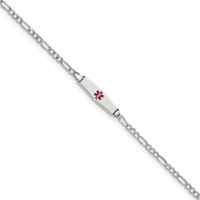 14K White Gold Medical Semi-Solid Chain Solid Plate 20x5mm Soft Diamond Shape Centered Red Enamel Figaro Link ID Bracelet - 6in view 1