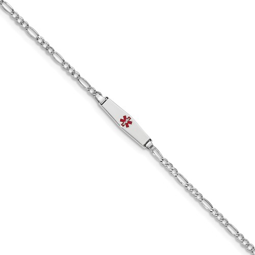 14K White Gold Medical Semi-Solid Chain Solid Plate 20x 5mm Soft Diamond Shape Centered Red Enamel Figaro Link ID Bracelet, 7"