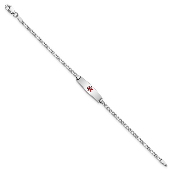 14k White Gold Medical Semi-Solid Chain/Solid Plate 20x5mm Soft Diamond Shape Centered Red Enamel Cuban Link 6 inch Baby/Child ID Bracelet