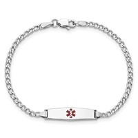 14K White Gold Medical Semi-Solid Chain Solid Plate 20x5mm Soft Diamond Shape Centered Red Enamel Cuban Link ID Bracelet - 7in view 4
