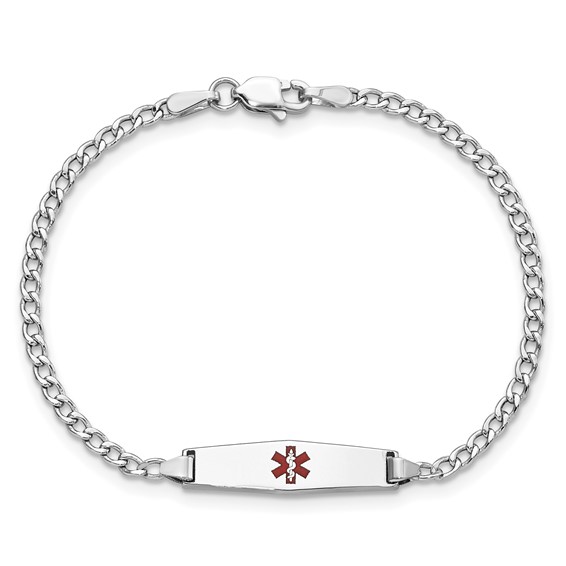 14k White Gold Medical Semi-Solid Chain/Solid Plate 20x5mm Soft Diamond Shape Centered Red Enamel Cuban Link 6 inch Baby/Child ID Bracelet