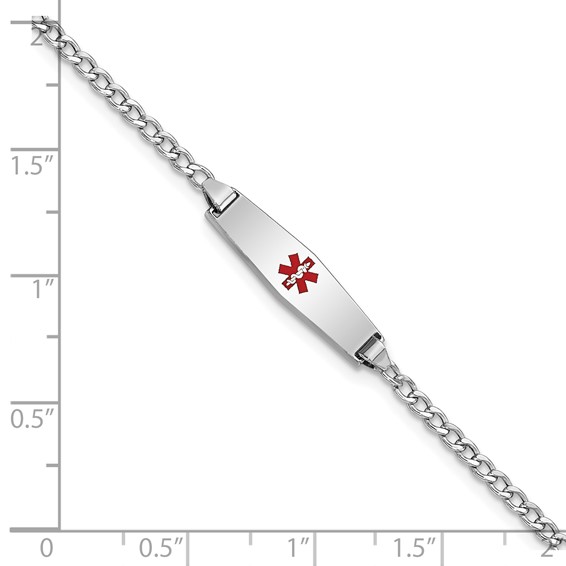 14k White Gold Medical Semi-Solid Chain/Solid Plate 20x5mm Soft Diamond Shape Centered Red Enamel Cuban Link 6 inch Baby/Child ID Bracelet