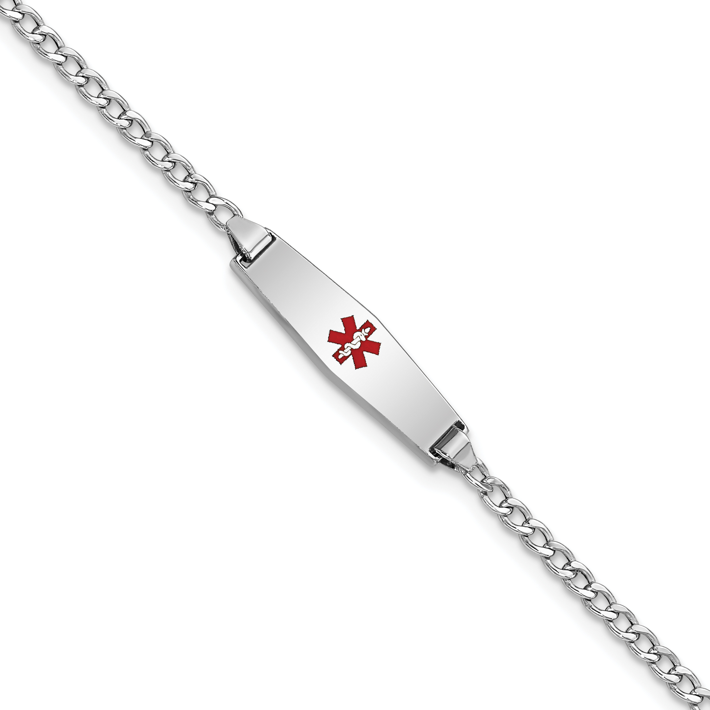 14k White Gold Medical Semi-Solid Chain/Solid Plate 20x5mm Soft Diamond Shape Centered Red Enamel Cuban Link 7 inch ID Bracelet (XM603CCW-7)