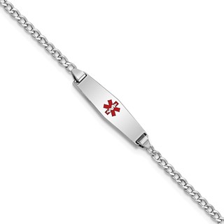 14k White Gold Medical Semi-Solid Chain/Solid Plate 20x5mm Soft Diamond Shape Centered Red Enamel Cuban Link 6 inch Baby/Child ID Bracelet