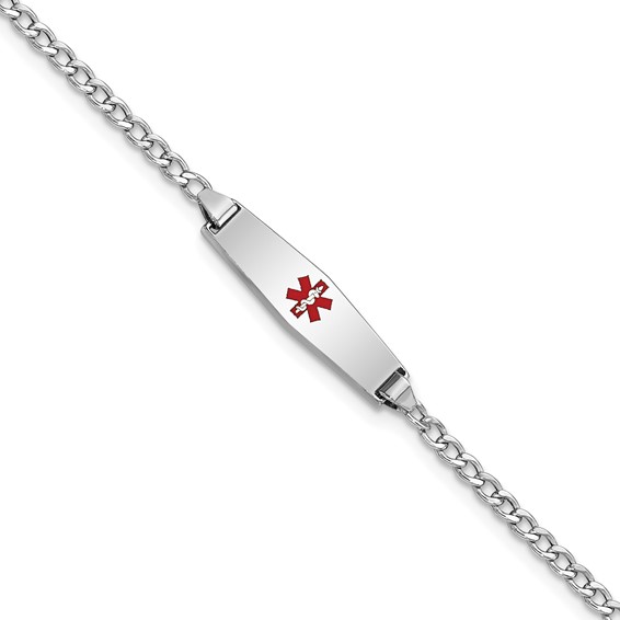 14k White Gold Medical Semi-Solid Chain/Solid Plate 20x5mm Soft Diamond Shape Centered Red Enamel Cuban Link 6 inch Baby/Child ID Bracelet
